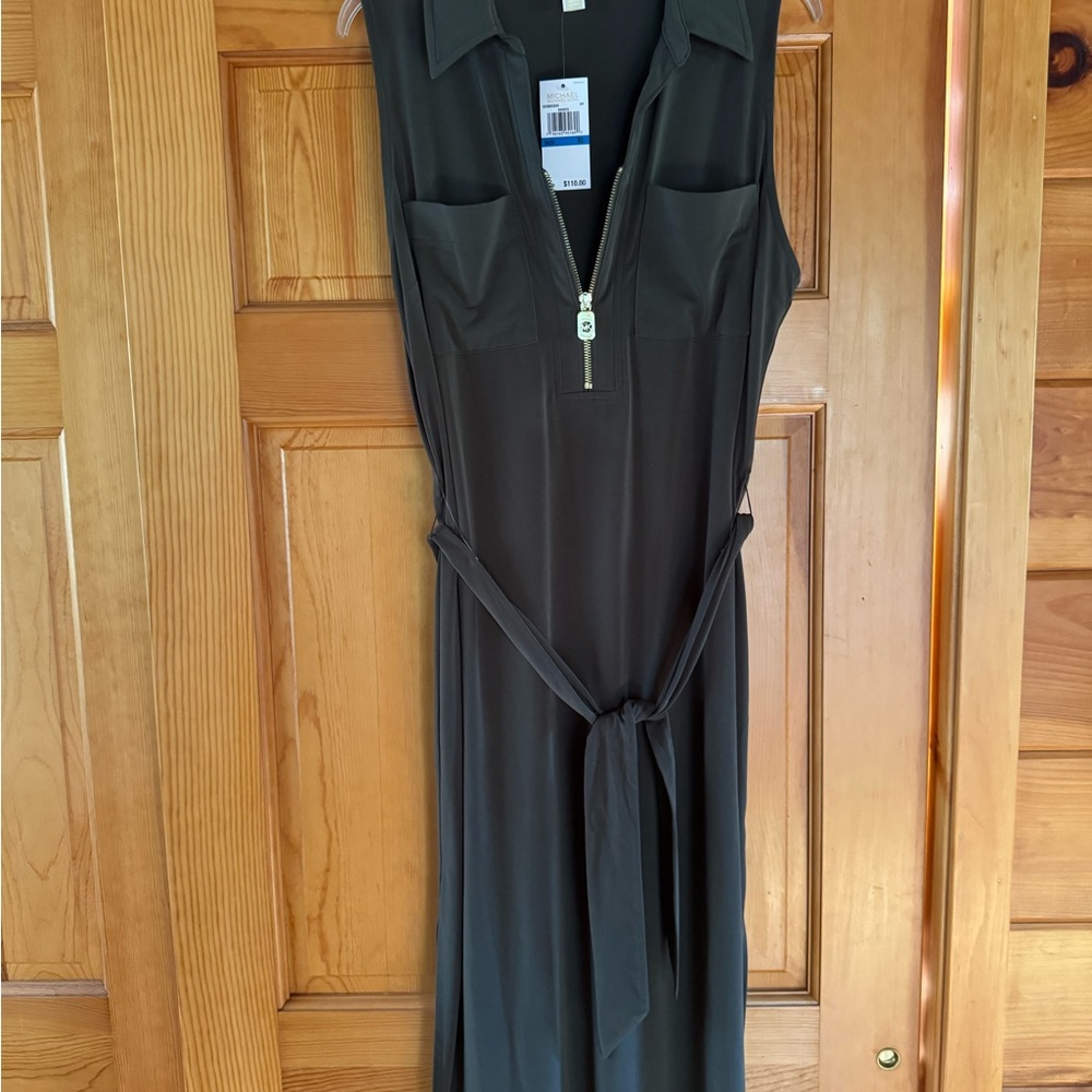 Michael Kors Olive Green Zip-Front Midi Dress